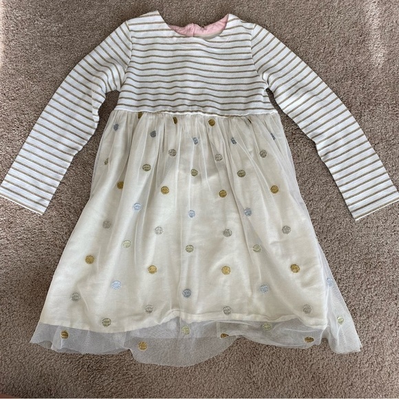 Mini BodenGirl's Stripe Polka Dot Glitter Long Sleeve Dress Size 6-7
